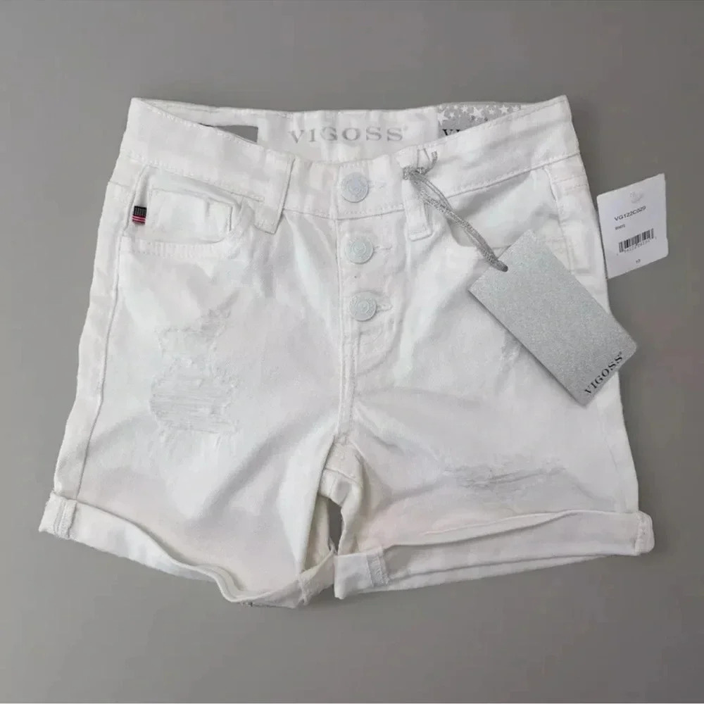 NWT Vigoss Adjustable Waist The Chelsea White Denim Snap Button Fly Shorts Sz 10
